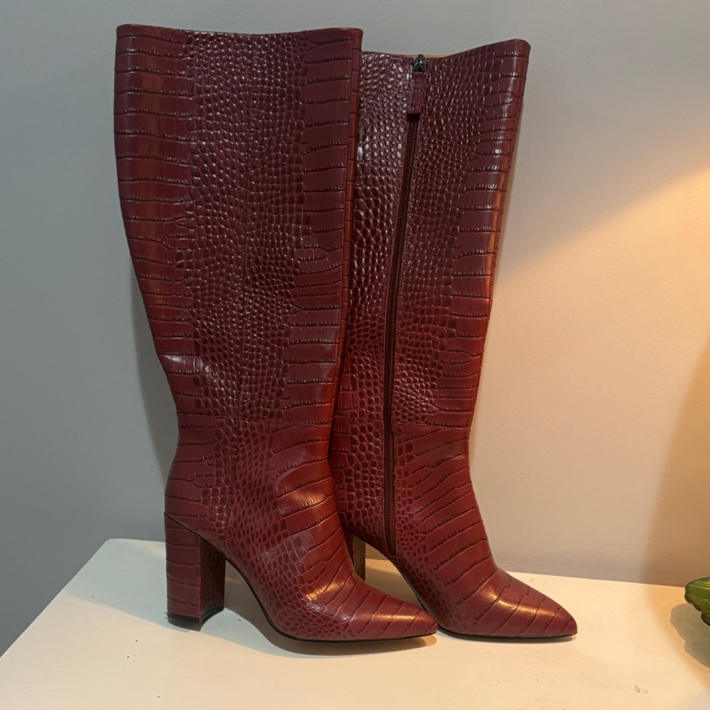 BCBGeneration Burgundy Croc-Embossed Heeled Boots